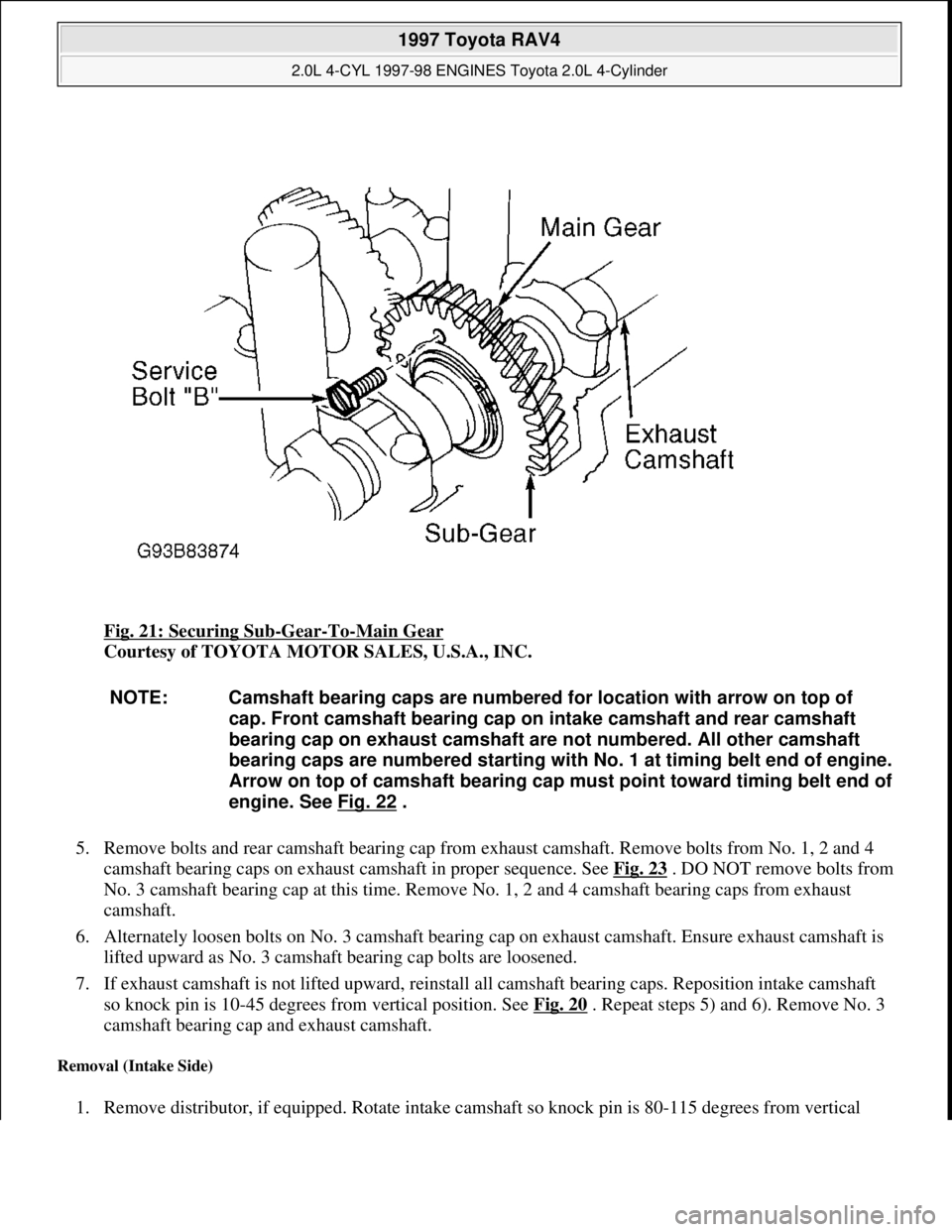 TOYOTA RAV4 1996 Service Repair Manual Fig. 21: Securing Sub-Gear-To-Main Gear
Courtesy of TOYOTA MOTOR SALES, U.S.A., INC.
5. Remove bolts and rear camshaft bearing cap from exhaust camshaft. Remove bolts from No. 1, 2 and 4
camshaft b TOYOTA RAV4 1996 Service Repair Manual Fig. 21: Securing Sub-Gear-To-Main Gear
Courtesy of TOYOTA MOTOR SALES, U.S.A., INC.
5. Remove bolts and rear camshaft bearing cap from exhaust camshaft. Remove bolts from No. 1, 2 and 4
camshaft b