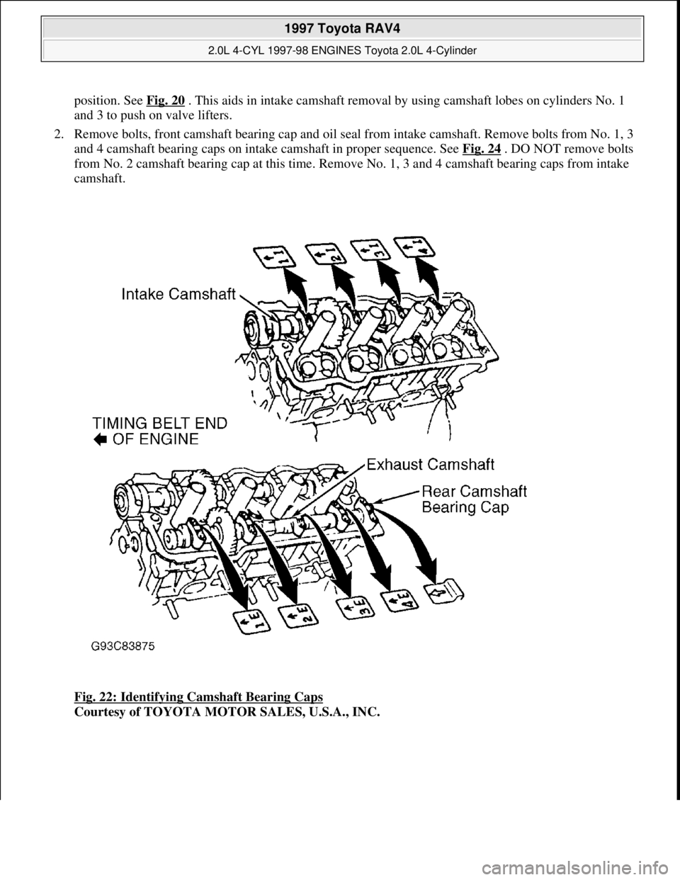 TOYOTA RAV4 1996 Service Repair Manual position. See Fig. 20 . This aids in intake camshaft removal by using camshaft lobes on cylinders No. 1
and 3 to push on valve lifters.
2. Remove bolts, front camshaft bearing cap and oil seal from TOYOTA RAV4 1996 Service Repair Manual position. See Fig. 20 . This aids in intake camshaft removal by using camshaft lobes on cylinders No. 1
and 3 to push on valve lifters.
2. Remove bolts, front camshaft bearing cap and oil seal from