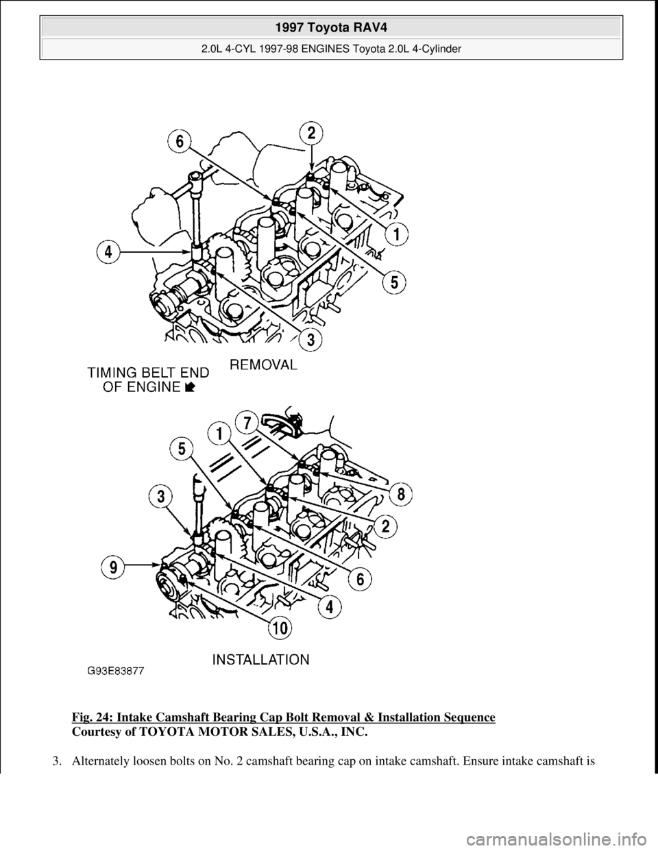 TOYOTA RAV4 1996 Service Repair Manual Fig. 24: Intake Camshaft Bearing Cap Bolt Removal & Installation Sequence
Courtesy of TOYOTA MOTOR SALES, U.S.A., INC.
3. Alternatel
y loosen bolts on No. 2 camshaft bearing cap on intake camshaft. TOYOTA RAV4 1996 Service Repair Manual Fig. 24: Intake Camshaft Bearing Cap Bolt Removal & Installation Sequence
Courtesy of TOYOTA MOTOR SALES, U.S.A., INC.
3. Alternatel
y loosen bolts on No. 2 camshaft bearing cap on intake camshaft.