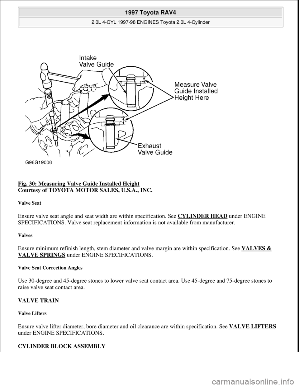TOYOTA RAV4 1996 Service Repair Manual Fig. 30: Measuring Valve Guide Installed Height
Courtesy of TOYOTA MOTOR SALES, U.S.A., INC.
Valve Seat
Ensure valve seat angle and seat width are within specification. See CYLINDER HEAD under ENGI TOYOTA RAV4 1996 Service Repair Manual Fig. 30: Measuring Valve Guide Installed Height
Courtesy of TOYOTA MOTOR SALES, U.S.A., INC.
Valve Seat
Ensure valve seat angle and seat width are within specification. See CYLINDER HEAD under ENGI