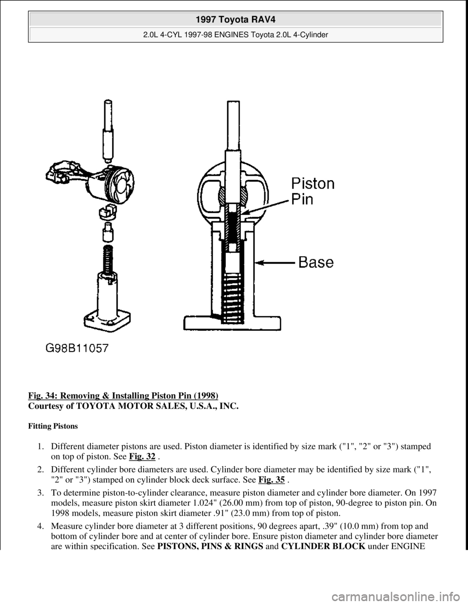 TOYOTA RAV4 1996 Service Repair Manual Fig. 34: Removing & Installing Piston Pin (1998)
Courtesy of TOYOTA MOTOR SALES, U.S.A., INC.
Fitting Pistons
1. Different diameter pistons are used. Piston diameter is identified by size mark ("1" TOYOTA RAV4 1996 Service Repair Manual Fig. 34: Removing & Installing Piston Pin (1998)
Courtesy of TOYOTA MOTOR SALES, U.S.A., INC.
Fitting Pistons
1. Different diameter pistons are used. Piston diameter is identified by size mark ("1"