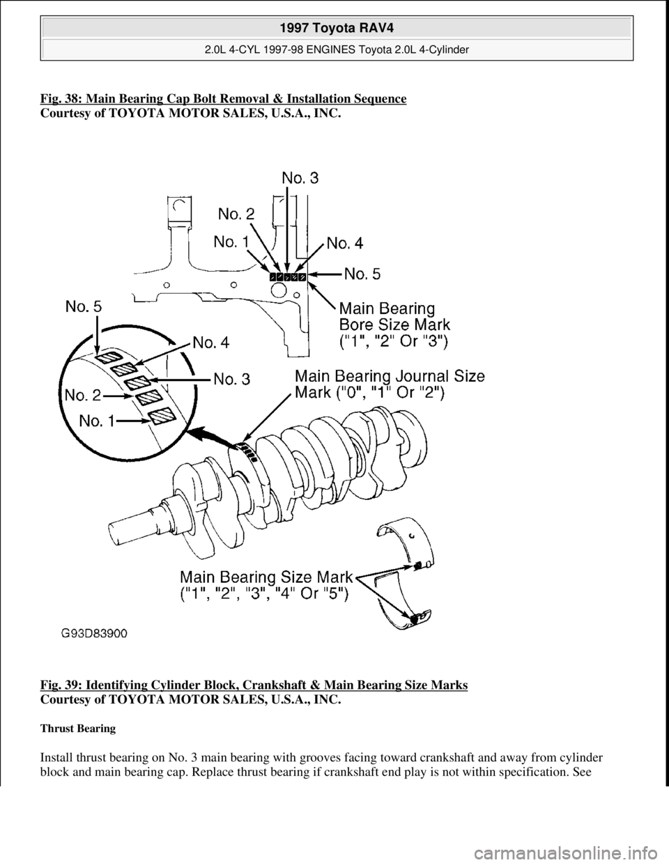 TOYOTA RAV4 1996 Service Repair Manual Fig. 38: Main Bearing Cap Bolt Removal & Installation Sequence
Courtesy of TOYOTA MOTOR SALES, U.S.A., INC.
Fig. 39: Identifying Cylinder Block, Crankshaft & Main Bearing Size Marks
Courtesy of TOY TOYOTA RAV4 1996 Service Repair Manual Fig. 38: Main Bearing Cap Bolt Removal & Installation Sequence
Courtesy of TOYOTA MOTOR SALES, U.S.A., INC.
Fig. 39: Identifying Cylinder Block, Crankshaft & Main Bearing Size Marks
Courtesy of TOY
