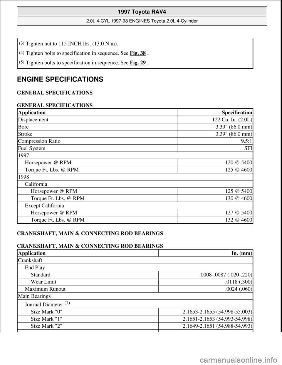 TOYOTA RAV4 1996 Service Repair Manual ENGINE SPECIFICATIONS
GENERAL SPECIFICATIONS
GENERAL SPECIFICATIONS
CRANKSHAFT, MAIN & CONNECTING ROD BEARINGS
CRANKSHAFT, MAIN & CONNECTING ROD BEARINGS
(3)Tighten nut to 115 INCH lbs. (13.0 N.m TOYOTA RAV4 1996 Service Repair Manual ENGINE SPECIFICATIONS
GENERAL SPECIFICATIONS
GENERAL SPECIFICATIONS
CRANKSHAFT, MAIN & CONNECTING ROD BEARINGS
CRANKSHAFT, MAIN & CONNECTING ROD BEARINGS
(3)Tighten nut to 115 INCH lbs. (13.0 N.m