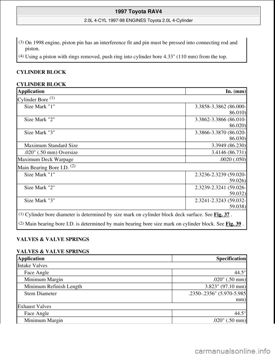 TOYOTA RAV4 1996 Service Repair Manual CYLINDER BLOCK
CYLINDER BLOCK
VALVES & VALVE SPRINGS
VALVES & VALVE SPRINGS
(3)On 1998 engine, piston pin has an interference fit and pin must be pressed into connecting rod and
piston.
(4)Using TOYOTA RAV4 1996 Service Repair Manual CYLINDER BLOCK
CYLINDER BLOCK
VALVES & VALVE SPRINGS
VALVES & VALVE SPRINGS
(3)On 1998 engine, piston pin has an interference fit and pin must be pressed into connecting rod and
piston.
(4)Using
