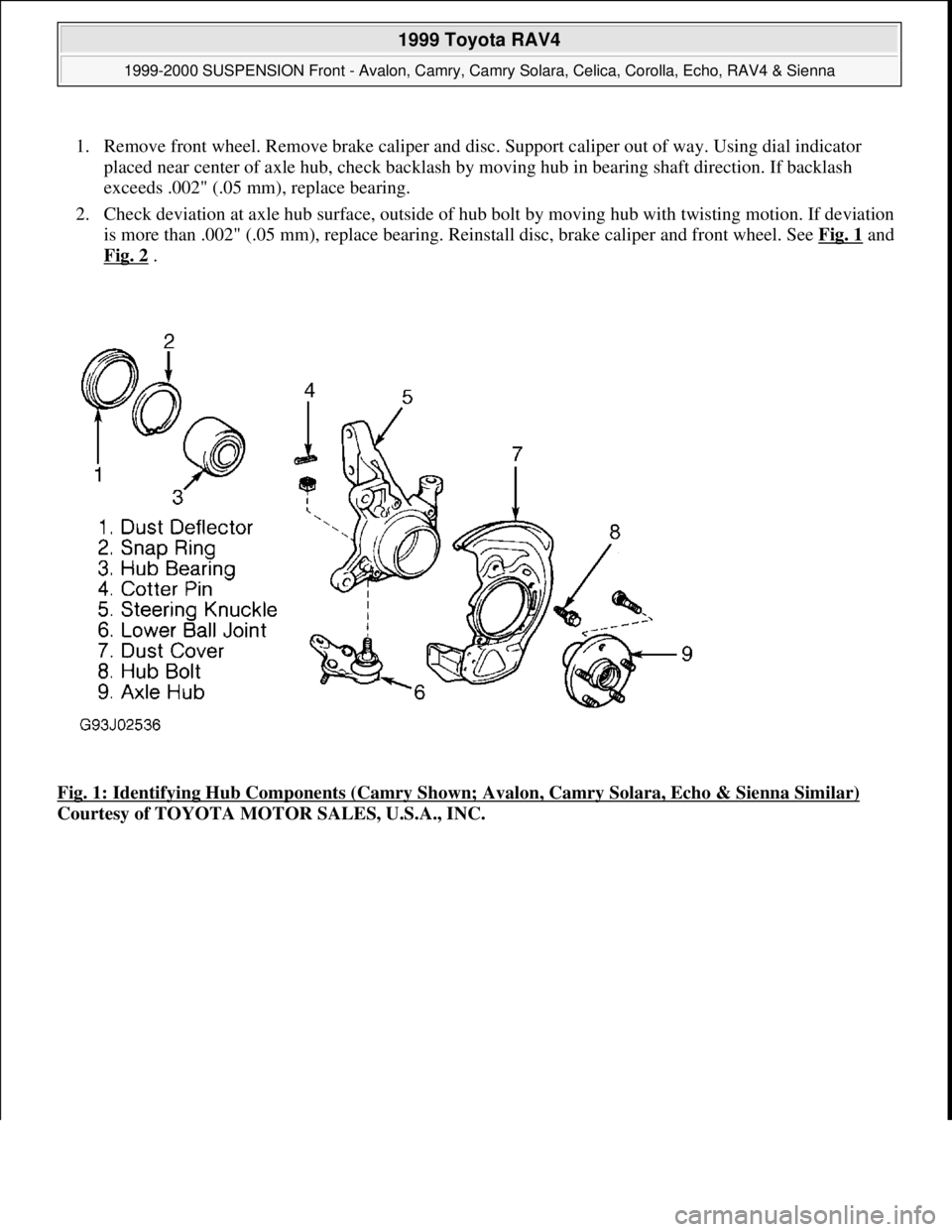 TOYOTA RAV4 1996 Service Repair Manual 1. Remove front wheel. Remove brake caliper and disc. Support caliper out of way. Using dial indicator
placed near center of axle hub, check backlash by moving hub in bearing shaft direction. If back TOYOTA RAV4 1996 Service Repair Manual 1. Remove front wheel. Remove brake caliper and disc. Support caliper out of way. Using dial indicator
placed near center of axle hub, check backlash by moving hub in bearing shaft direction. If back