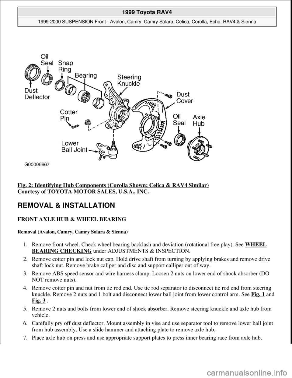 TOYOTA RAV4 1996  Service Repair Manual Fig. 2: Identifying Hub Components (Corolla Shown; Celica & RAV4 Similar) 
Courtesy of TOYOTA MOTOR SALES, U.S.A., INC. 
REMOVAL & INSTALLATION 
FRONT AXLE HUB & WHEEL BEARING 
Removal (Avalon, Camry,