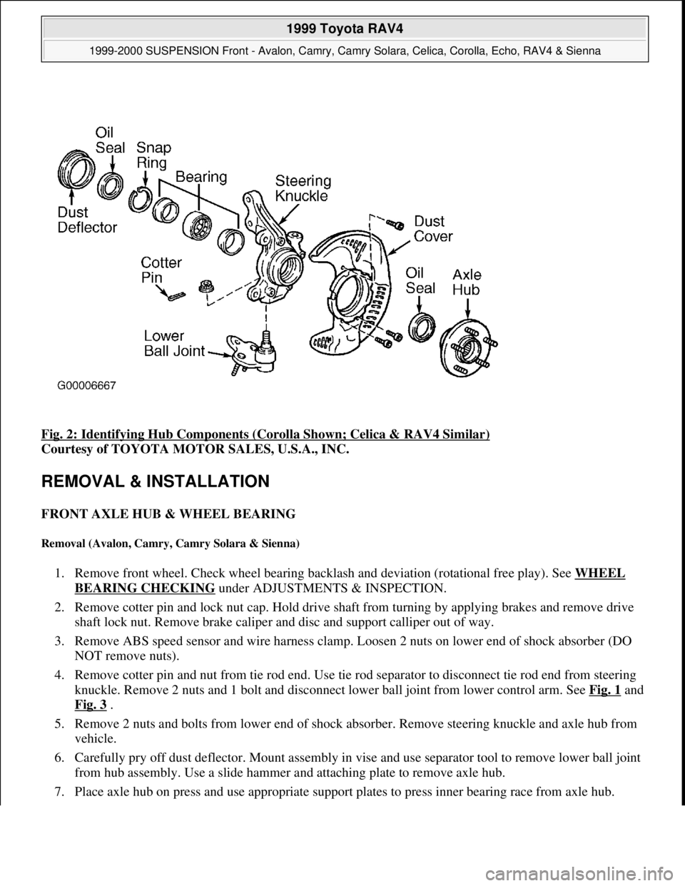 TOYOTA RAV4 1996 Service Repair Manual Fig. 2: Identifying Hub Components (Corolla Shown; Celica & RAV4 Similar)
Courtesy of TOYOTA MOTOR SALES, U.S.A., INC.
REMOVAL & INSTALLATION
FRONT AXLE HUB & WHEEL BEARING
Removal (Avalon, Camry, TOYOTA RAV4 1996 Service Repair Manual Fig. 2: Identifying Hub Components (Corolla Shown; Celica & RAV4 Similar)
Courtesy of TOYOTA MOTOR SALES, U.S.A., INC.
REMOVAL & INSTALLATION
FRONT AXLE HUB & WHEEL BEARING
Removal (Avalon, Camry,