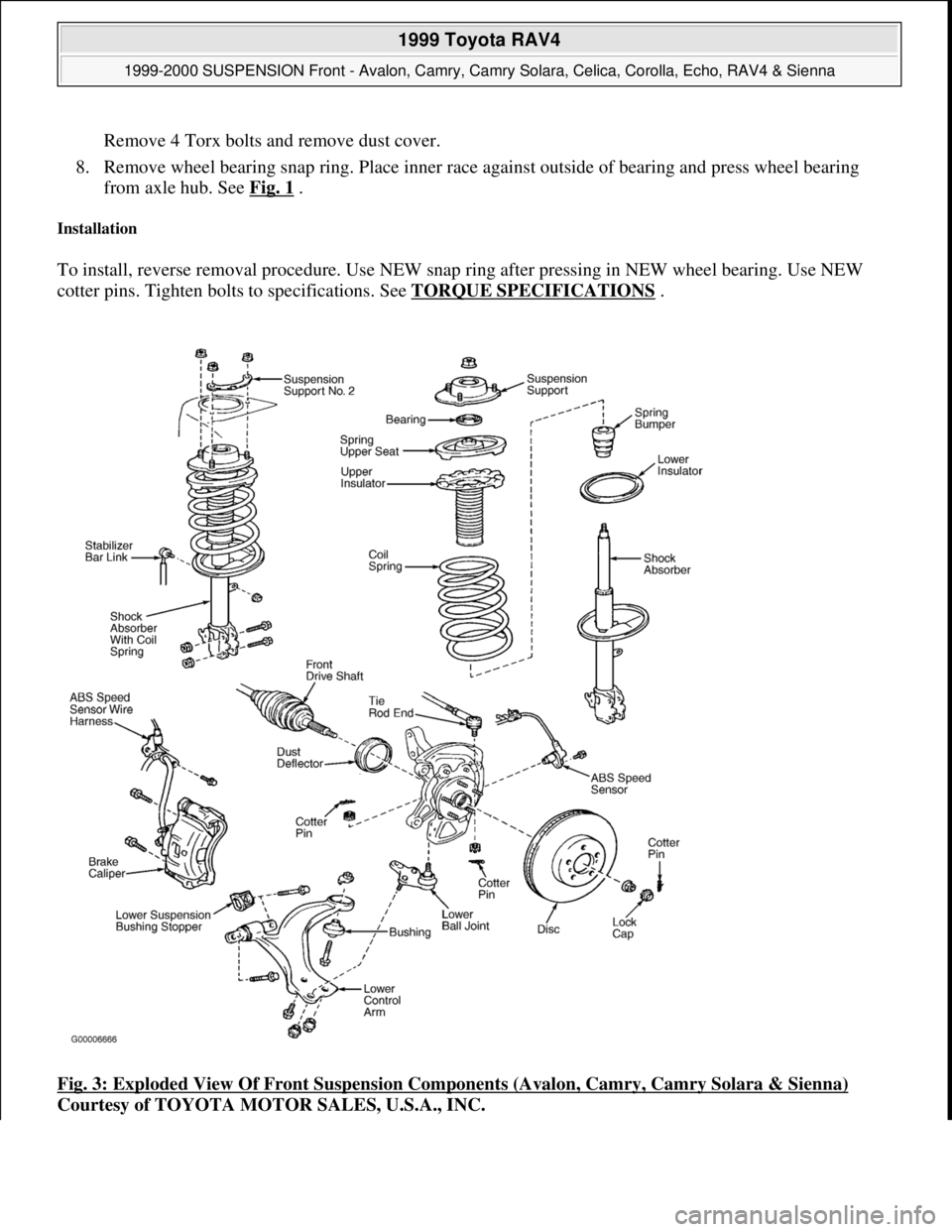TOYOTA RAV4 1996 Service Repair Manual Remove 4 Torx bolts and remove dust cover.
8. Remove wheel bearing snap ring. Place inner race against outside of bearing and press wheel bearing
from axle hub. See Fig. 1
.
Installation
To inst TOYOTA RAV4 1996 Service Repair Manual Remove 4 Torx bolts and remove dust cover.
8. Remove wheel bearing snap ring. Place inner race against outside of bearing and press wheel bearing
from axle hub. See Fig. 1
.
Installation
To inst