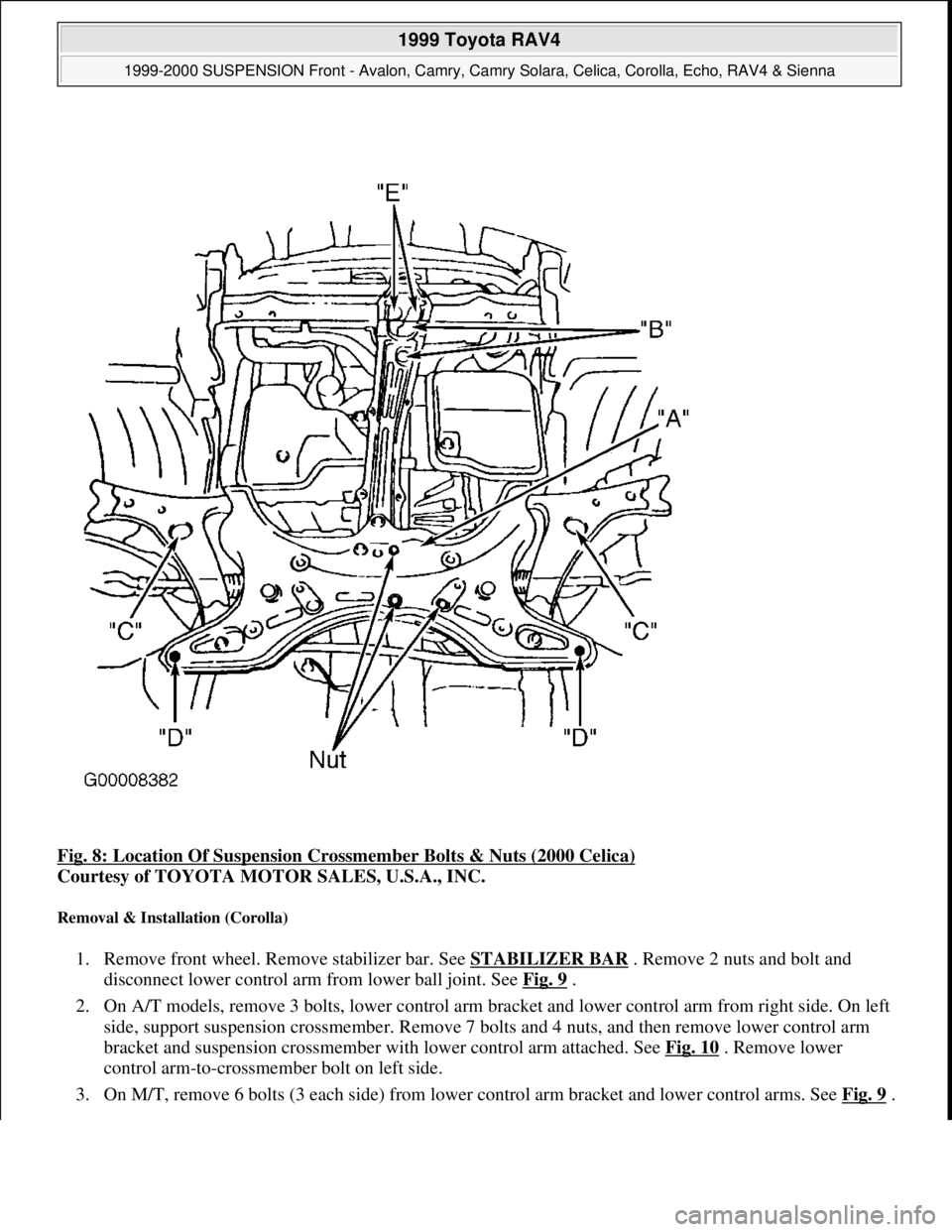 TOYOTA RAV4 1996 Service Repair Manual Fig. 8: Location Of Suspension Crossmember Bolts & Nuts (2000 Celica)
Courtesy of TOYOTA MOTOR SALES, U.S.A., INC.
Removal & Installation (Corolla)
1. Remove front wheel. Remove stabilizer bar. See TOYOTA RAV4 1996 Service Repair Manual Fig. 8: Location Of Suspension Crossmember Bolts & Nuts (2000 Celica)
Courtesy of TOYOTA MOTOR SALES, U.S.A., INC.
Removal & Installation (Corolla)
1. Remove front wheel. Remove stabilizer bar. See
