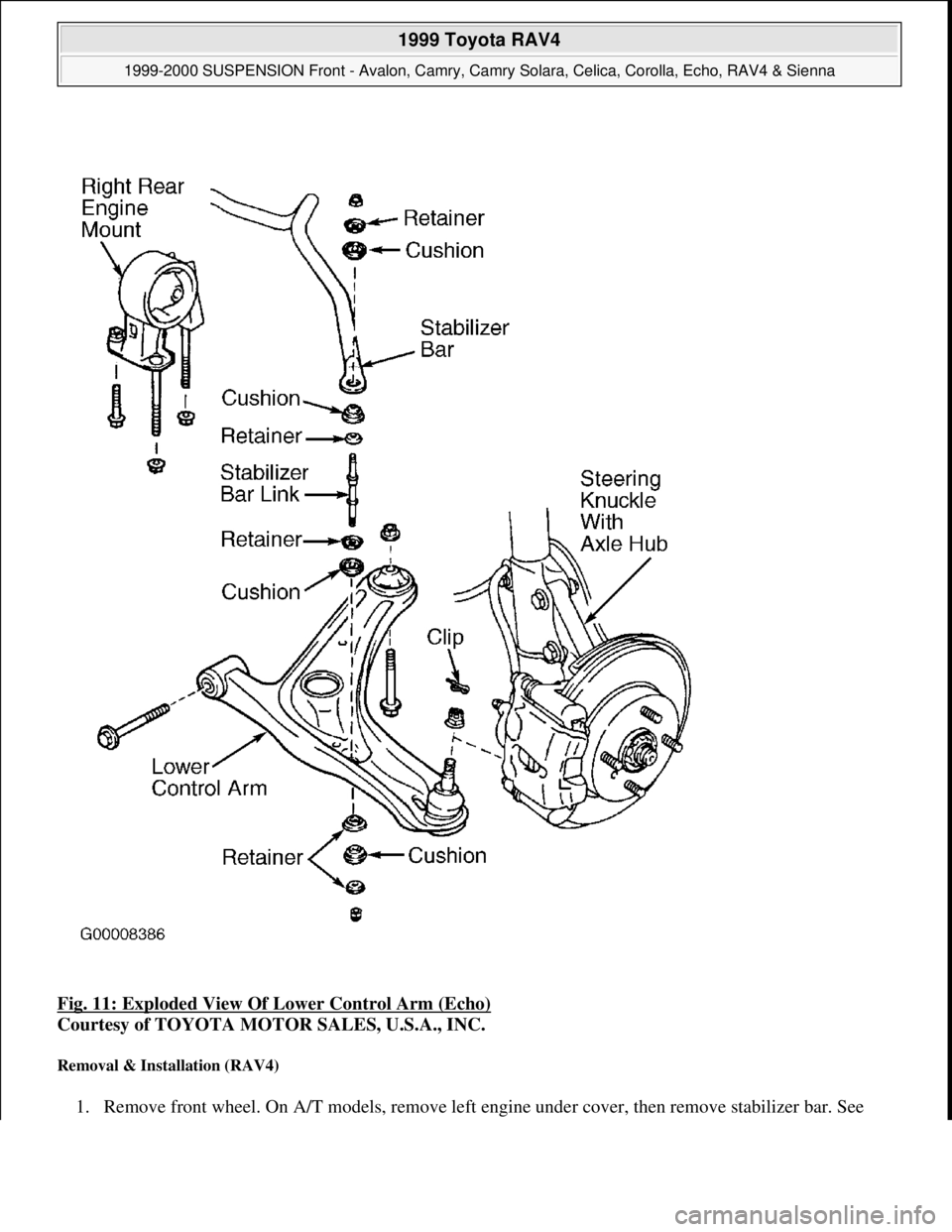 TOYOTA RAV4 1996  Service Repair Manual Fig. 11: Exploded View Of Lower Control Arm (Echo) 
Courtesy of TOYOTA MOTOR SALES, U.S.A., INC. 
Removal & Installation (RAV4) 
1. Remove front wheel. On A/T models, remove left engine under cover, t