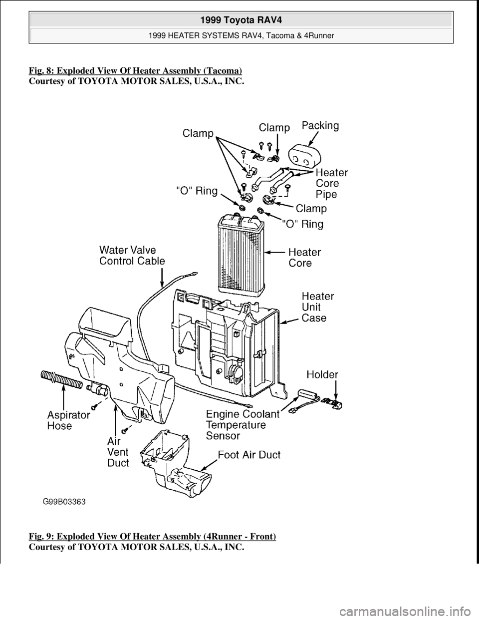 TOYOTA RAV4 1996  Service Repair Manual Fig. 8: Exploded View Of Heater Assembly (Tacoma)
Courtesy of TOYOTA MOTOR SALES, U.S.A., INC. 
Fig. 9: Exploded View Of Heater Assembly (4Runner 
- Front) 
Courtesy of TOYOTA MOTOR SALES, U.S.A., INC