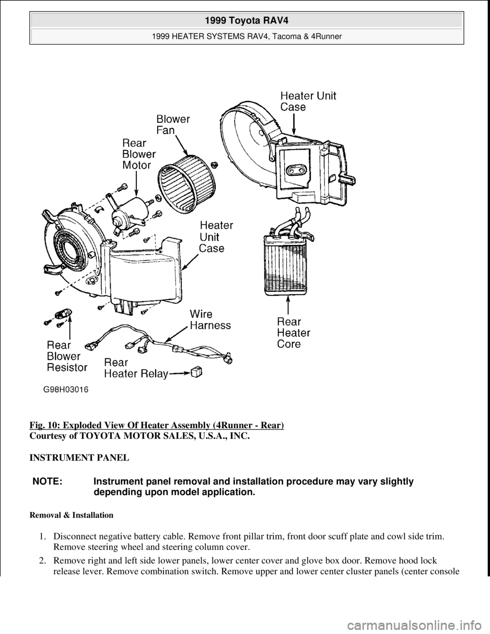 TOYOTA RAV4 1996  Service Repair Manual Fig. 10: Exploded View Of Heater Assembly (4Runner - Rear) 
Courtesy of TOYOTA MOTOR SALES, U.S.A., INC. 
INSTRUMENT PANEL 
Removal & Installation 
1. Disconnect negative battery cable. Remove front p