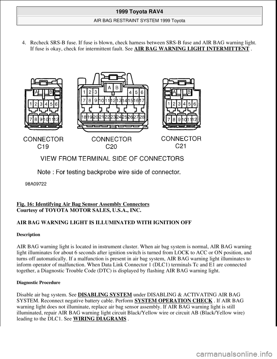 TOYOTA RAV4 1996  Service Manual Online 4. Recheck SRS-B fuse. If fuse is blown, check harness between SRS-B fuse and AIR BAG warning light. 
If fuse is okay, check for intermittent fault. See AIR BAG WARNING LIGHT INTERMITTENT
 .  
Fig. 16