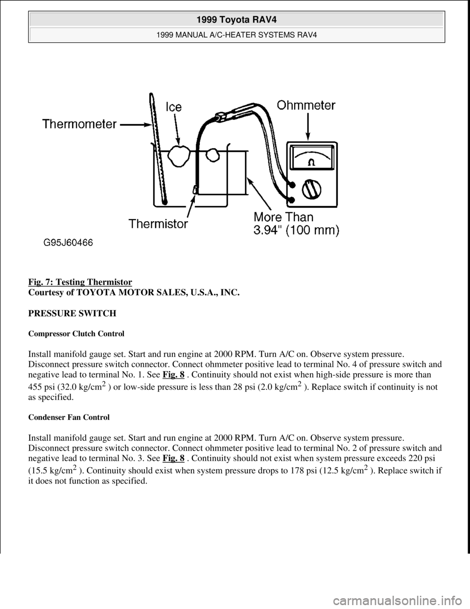TOYOTA RAV4 1996  Service Repair Manual Fig. 7: Testing Thermistor 
Courtesy of TOYOTA MOTOR SALES, U.S.A., INC. 
PRESSURE SWITCH 
Compressor Clutch Control 
Install manifold gauge set. Start and run engine at 2000 RPM. Turn A/C on. Observe