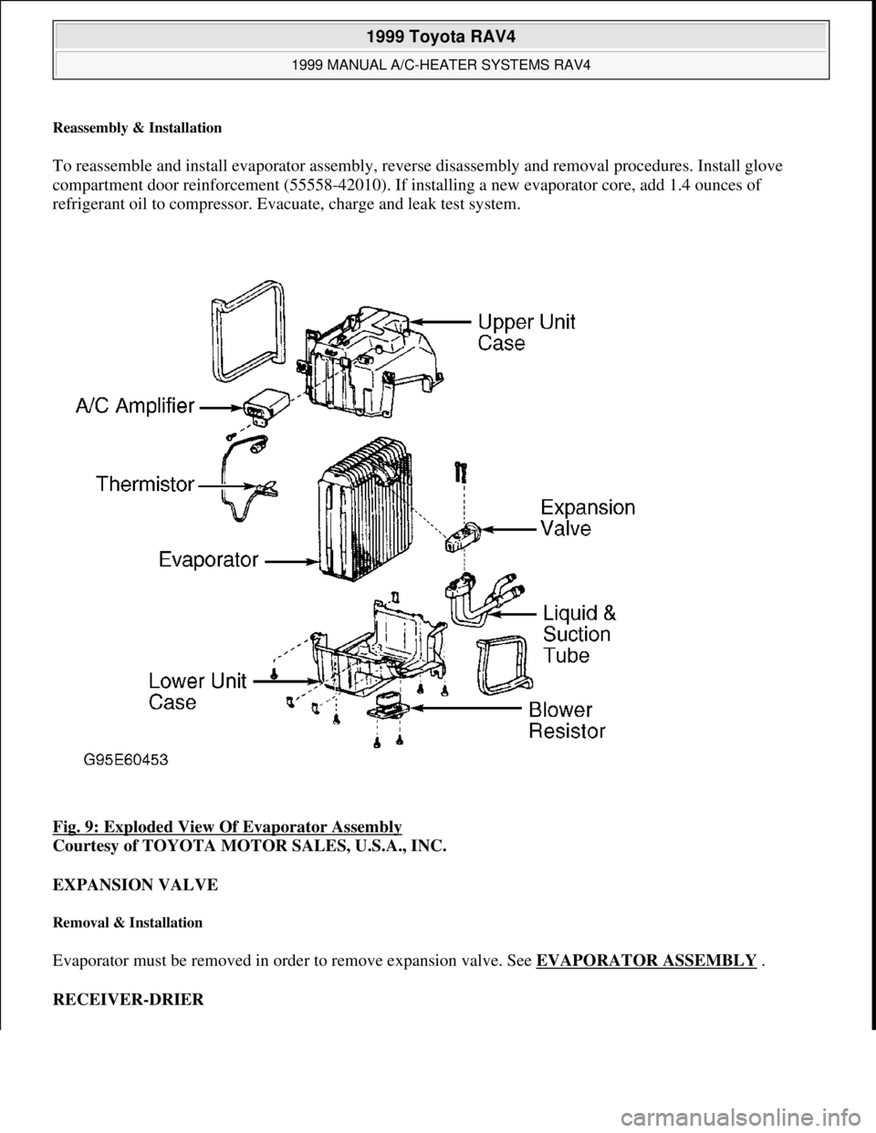 TOYOTA RAV4 1996  Service Repair Manual Reassembly & Installation 
To reassemble and install evaporator assembly, reverse disassembly and removal procedures. Install glove 
compartment door reinforcement (55558-42010). If installing a new e