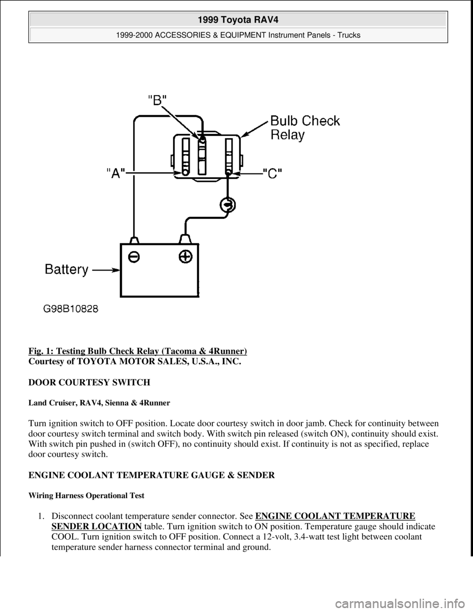 TOYOTA RAV4 1996  Service Repair Manual Fig. 1: Testing Bulb Check Relay (Tacoma & 4Runner) 
Courtesy of TOYOTA MOTOR SALES, U.S.A., INC. 
DOOR COURTESY SWITCH 
Land Cruiser, RAV4, Sienna & 4Runner 
Turn ignition switch to OFF position. Loc