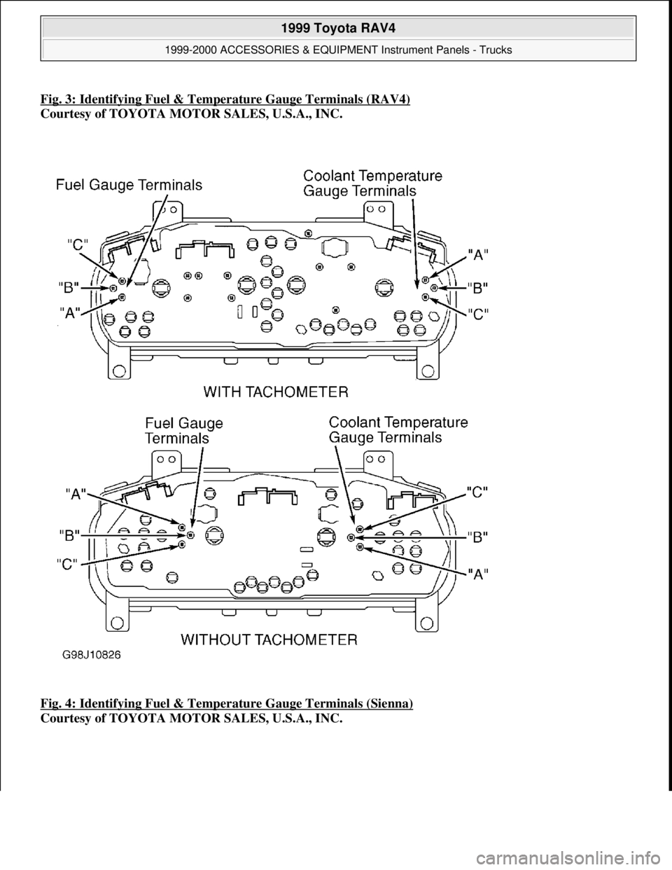 TOYOTA RAV4 1996  Service Repair Manual Fig. 3: Identifying Fuel & Temperature Gauge Terminals (RAV4)
Courtesy of TOYOTA MOTOR SALES, U.S.A., INC. 
Fig. 4: Identifying Fuel & Temperature Gauge Terminals (Sienna)
 
Courtesy of TOYOTA MOTOR S