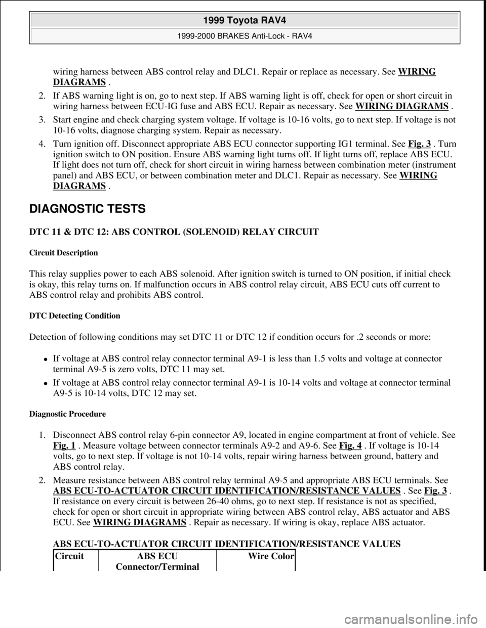 TOYOTA RAV4 1996  Service Repair Manual wiring harness between ABS control relay and DLC1. Repair or replace as necessary. See WIRING 
DIAGRAMS .  
2. If ABS warning light is on, go to next step. If ABS warning light is off, check for open 