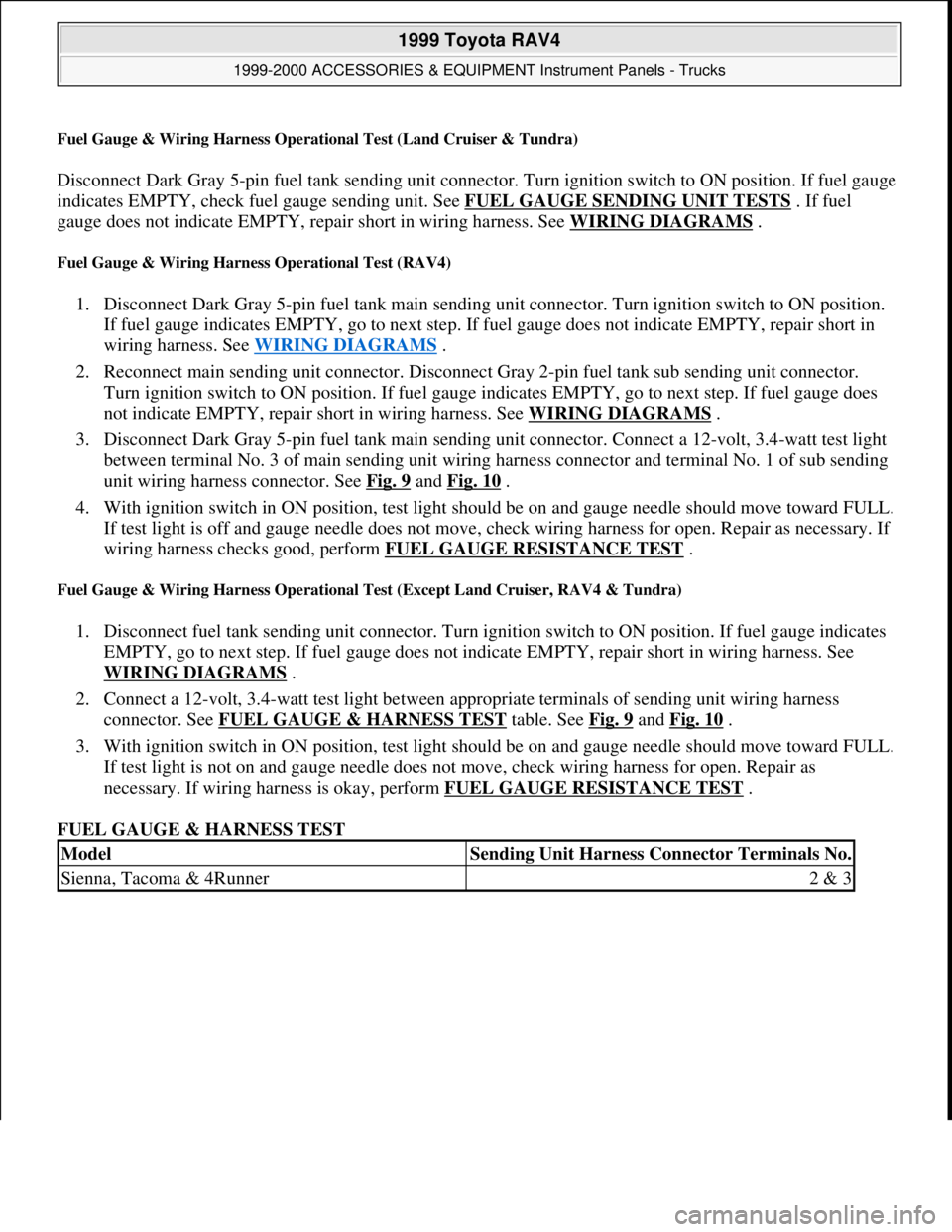 TOYOTA RAV4 1996  Service Repair Manual Fuel Gauge & Wiring Harness Operational Test (Land Cruiser & Tundra)
Disconnect Dark Gray 5-pin fuel tank sending unit connector. Turn ignition switch to ON position. If fuel gauge 
indicates EMPTY, c