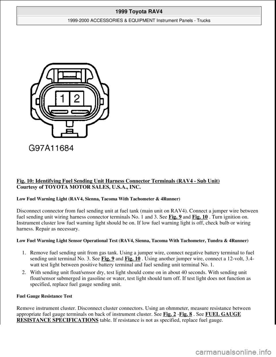 TOYOTA RAV4 1996  Service Repair Manual Fig. 10: Identifying Fuel Sending Unit Harness Connector Terminals (RAV4 - Sub Unit) 
Courtesy of TOYOTA MOTOR SALES, U.S.A., INC. 
Low Fuel Warning Light (RAV4, Sienna, Tacoma With Tachometer & 4Runn