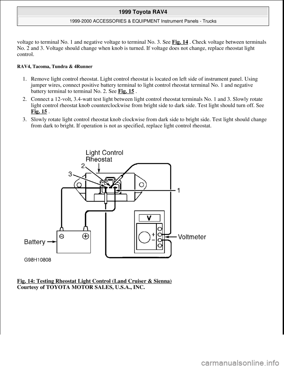 TOYOTA RAV4 1996  Service Repair Manual voltage to terminal No. 1 and negative voltage to terminal No. 3. See Fig. 14. Check voltage between terminals 
No. 2 and 3. Voltage should change when knob is turned. If voltage does not change, repl