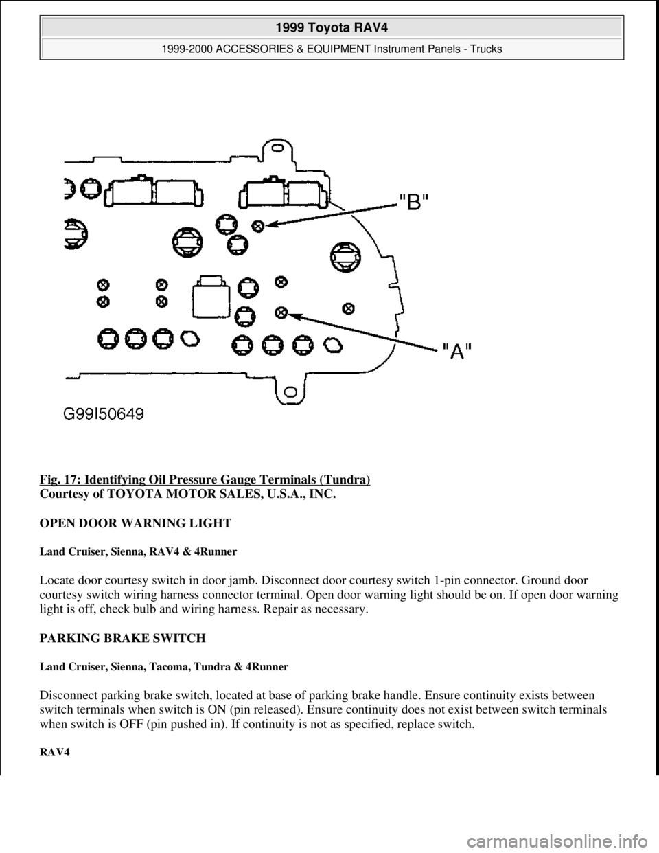 TOYOTA RAV4 1996  Service Repair Manual Fig. 17: Identifying Oil Pressure Gauge Terminals (Tundra) 
Courtesy of TOYOTA MOTOR SALES, U.S.A., INC. 
OPEN DOOR WARNING LIGHT 
Land Cruiser, Sienna, RAV4 & 4Runner 
Locate door courtesy switch in 