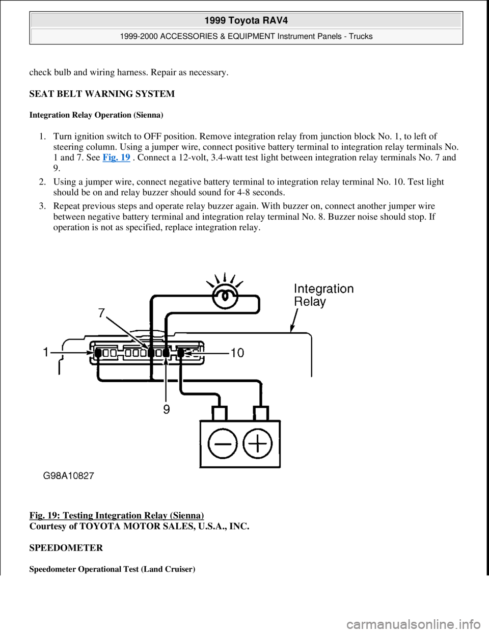 TOYOTA RAV4 1996  Service Repair Manual check bulb and wiring harness. Repair as necessary.
SEAT BELT WARNING SYSTEM 
Integration Relay Operation (Sienna) 
1. Turn ignition switch to OFF position. Remove integration relay from junction bloc