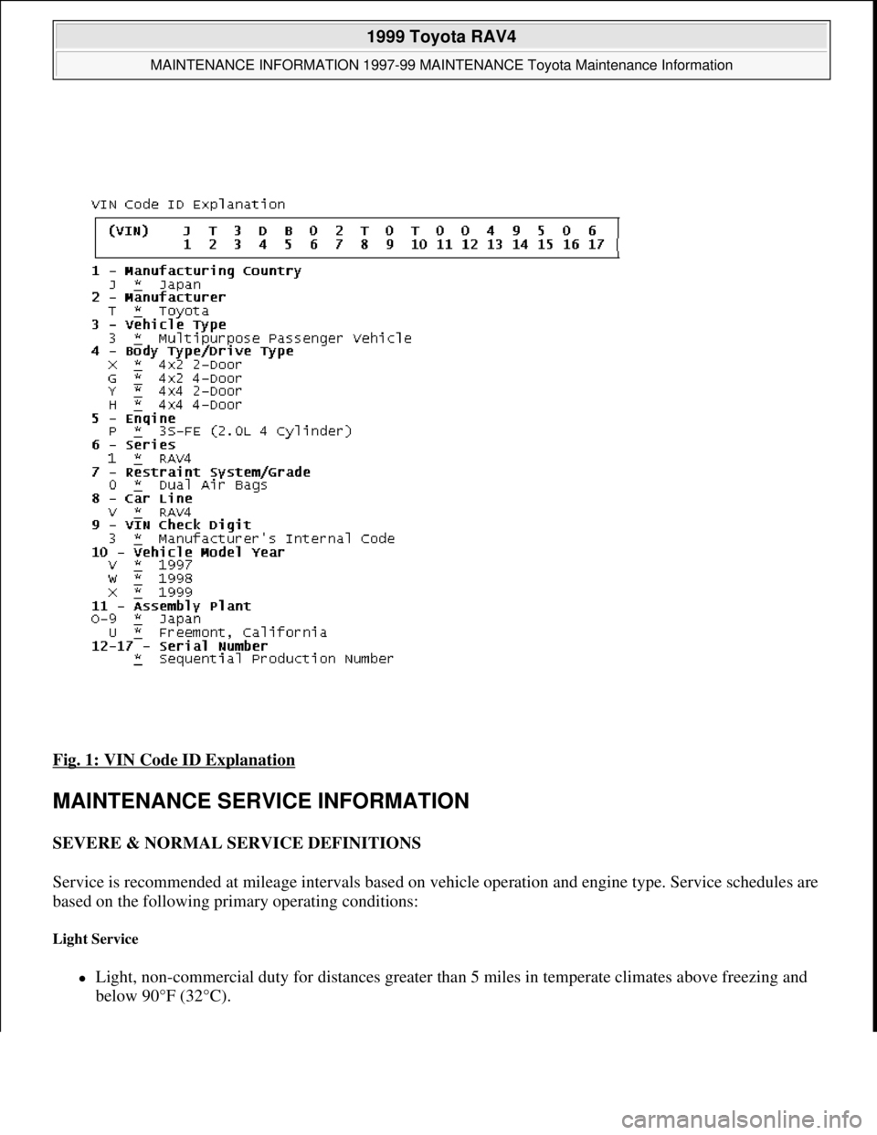 TOYOTA RAV4 1996  Service Repair Manual Fig. 1: VIN Code ID Explanation 
MAINTENANCE SERVICE INFORMATION 
SEVERE & NORMAL SERVICE DEFINITIONS 
Service is recommended at mileage intervals based on vehicle operation and engine type. Service s