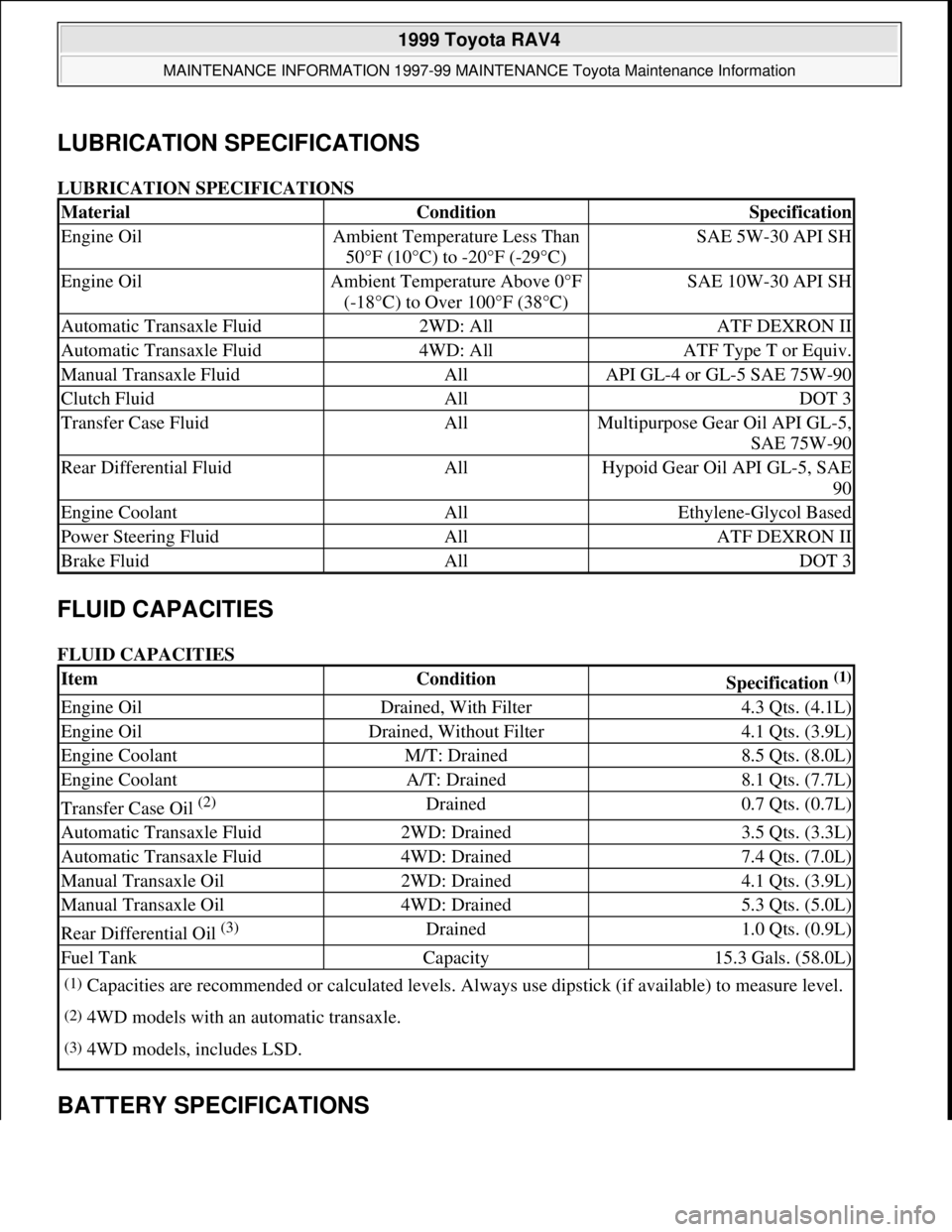 TOYOTA RAV4 1996  Service Repair Manual LUBRICATION SPECIFICATIONS
LUBRICATION SPECIFICATIONS 
FLUID CAPACITIES 
FLUID CAPACITIES 
BATTERY SPECIFICATIONS 
MaterialConditionSpecification
Engine OilAmbient Temperature Less Than 
50°F (10°C)