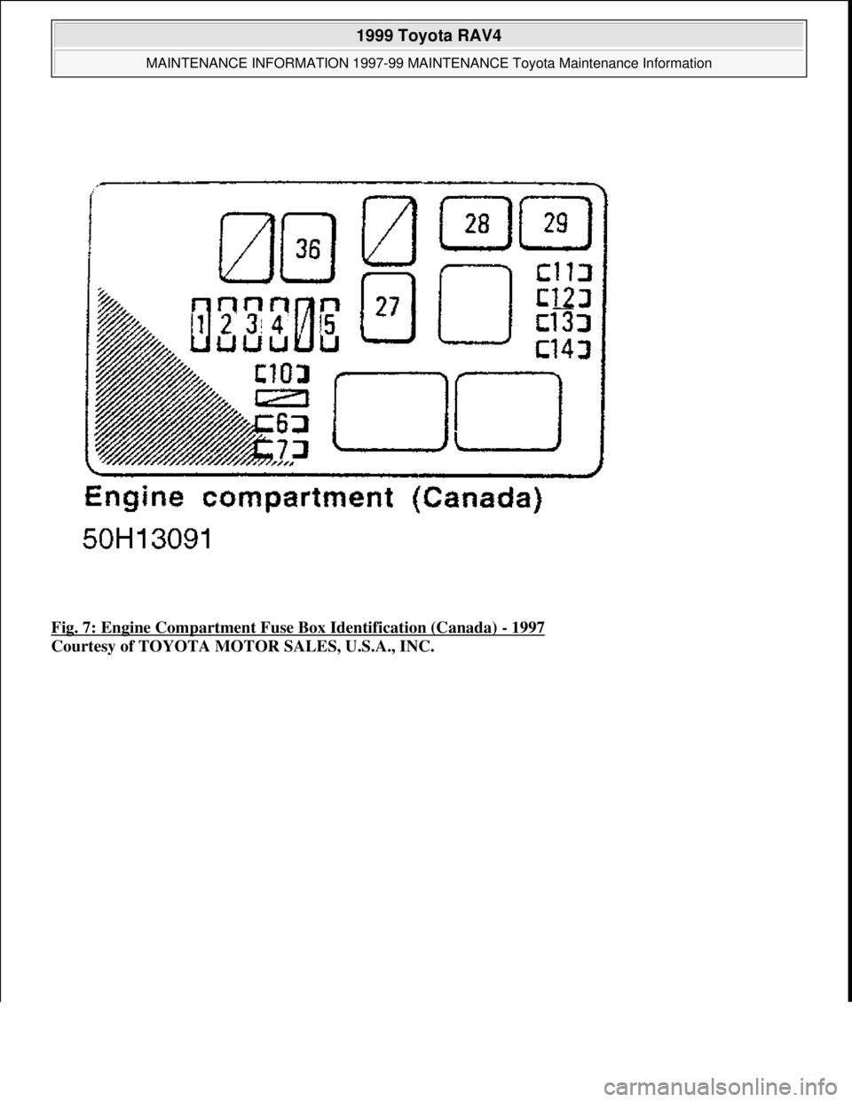 TOYOTA RAV4 1996  Service Repair Manual Fig. 7: Engine Compartment Fuse Box Identification (Canada) - 1997 
Courtesy of TOYOTA MOTOR SALES, U.S.A., INC.
 
1999 Toyota RAV4 
MAINTENANCE INFORMATION 1997-99 MAINTENANCE Toyota Maintenance Info