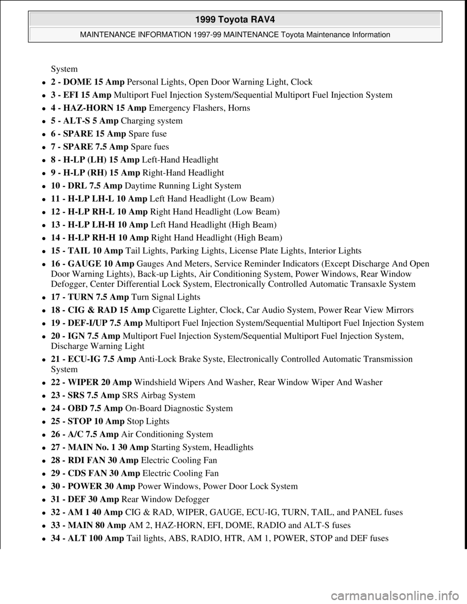 TOYOTA RAV4 1996  Service Repair Manual System  
2 - DOME 15 Amp Personal Lights, Open Door Warning Light, Clock  
3 - EFI 15 Amp Multiport Fuel Injection System/Sequential Multiport Fuel Injection System  
4 - HAZ-HORN 15 Amp Emer