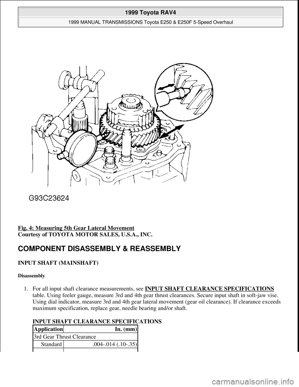 TOYOTA RAV4 1996  Service Repair Manual Fig. 4: Measuring 5th Gear Lateral Movement 
Courtesy of TOYOTA MOTOR SALES, U.S.A., INC. 
COMPONENT DISASSEMBLY & REASSEMBLY 
INPUT SHAFT (MAINSHAFT) 
Disassembly 
1. For all input shaft clearance me