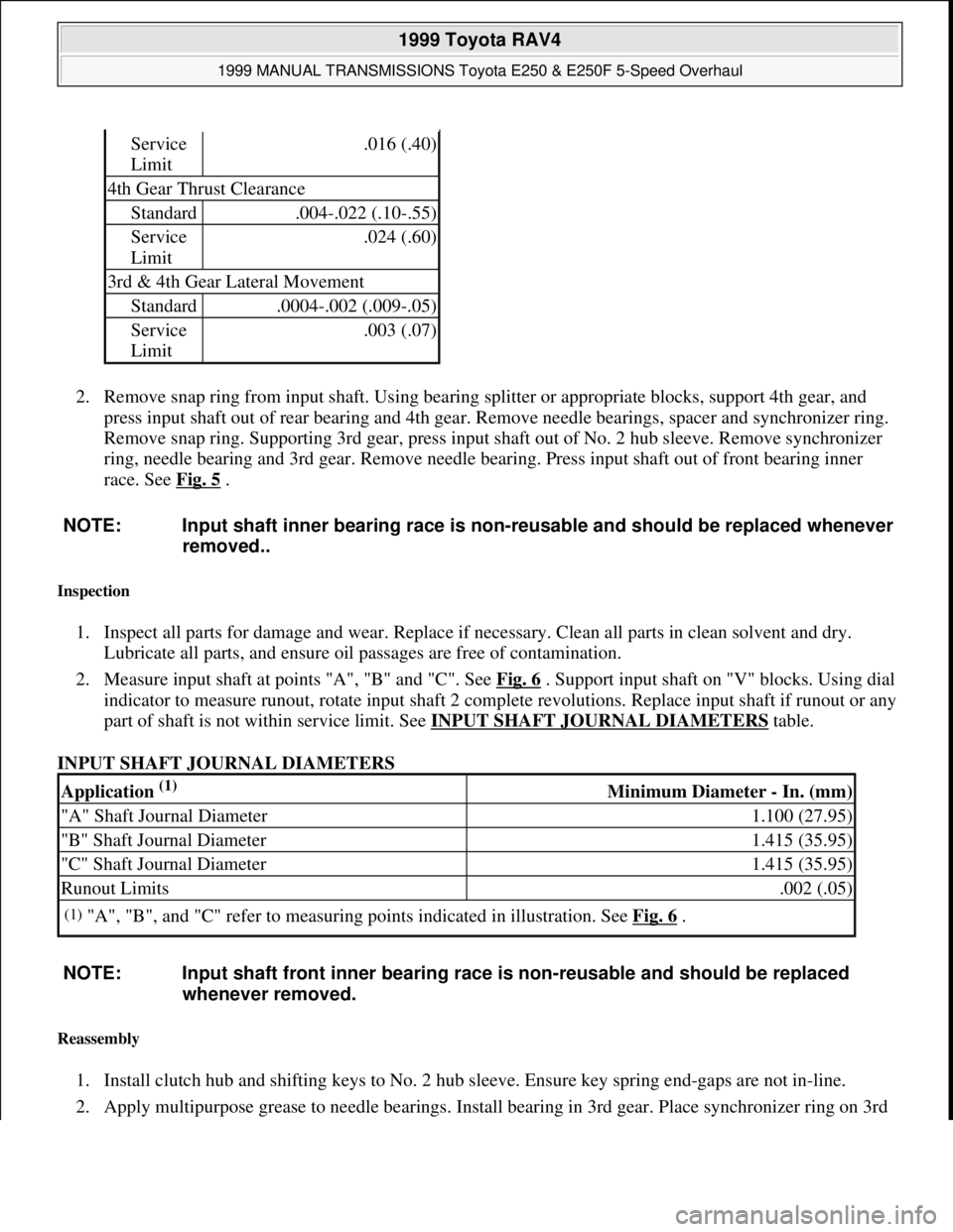 TOYOTA RAV4 1996  Service Repair Manual 2. Remove snap ring from input shaft. Using bearing splitter or appropriate blocks, support 4th gear, and 
press input shaft out of rear bearing and 4th gear. Remove needle bearings, spacer and synchr