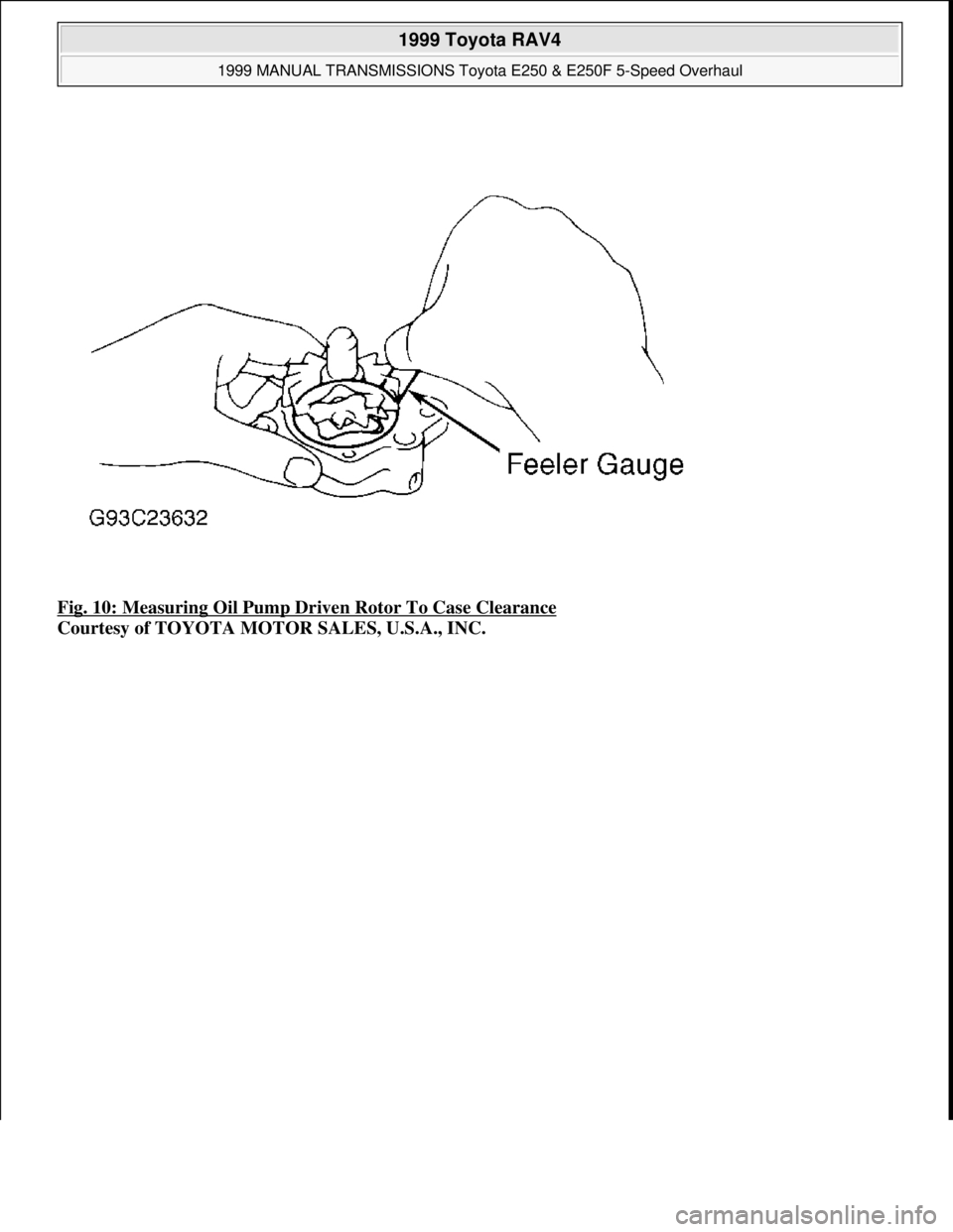 TOYOTA RAV4 1996  Service Repair Manual Fig. 10: Measuring Oil Pump Driven Rotor To Case Clearance 
Courtesy of TOYOTA MOTOR SALES, U.S.A., INC.
 
1999 Toyota RAV4 
1999 MANUAL TRANSMISSIONS Toyota E250 & E250F 5-Speed Overhaul  
Microsoft 