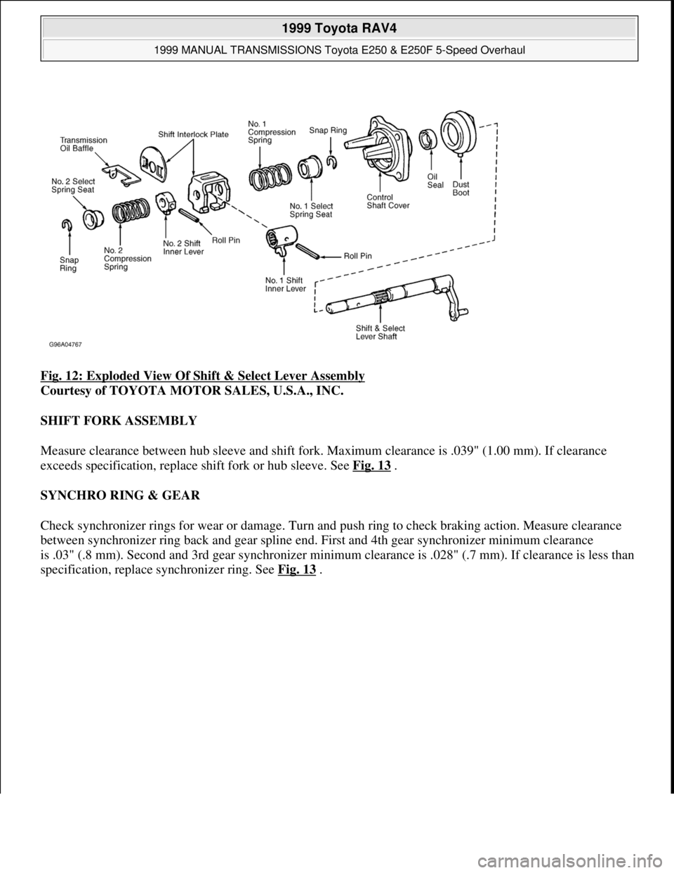 TOYOTA RAV4 1996  Service Repair Manual Fig. 12: Exploded View Of Shift & Select Lever Assembly 
Courtesy of TOYOTA MOTOR SALES, U.S.A., INC. 
SHIFT FORK ASSEMBLY 
Measure clearance between hub sleeve and shift fork. Maximum clearance is .0