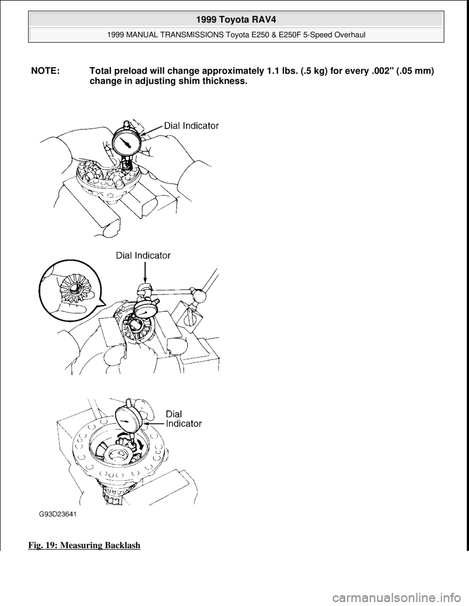 TOYOTA RAV4 1996 Service Repair Manual Fig. 19: Measuring Backlash
NOTE: Total preload will change approximately 1.1 lbs. (.5 kg) for every .002" (.05 mm)
change in adjusting shim thickness.
1999 Toyota RAV4
1999 MANUAL TRANSMISSIONS T TOYOTA RAV4 1996 Service Repair Manual Fig. 19: Measuring Backlash
NOTE: Total preload will change approximately 1.1 lbs. (.5 kg) for every .002" (.05 mm)
change in adjusting shim thickness.
1999 Toyota RAV4
1999 MANUAL TRANSMISSIONS T