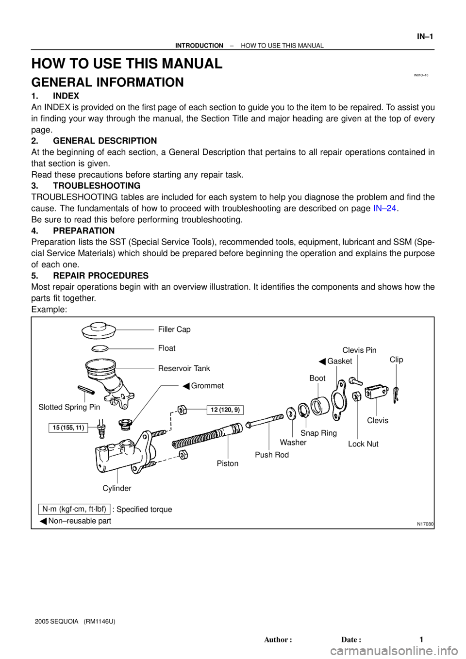 TOYOTA SEQUOIA 2001  Service Repair Manual IN01O±10
N17080
Filler Cap
Float
Reservoir Tank
 Grommet
Clip
Slotted Spring Pin
: Specified torque
 Non±reusable partCylinder
Piston
Push Rod
Washer
Snap Ring
Boot
 Gasket
Lock Nut
Clevis Pin
Cl