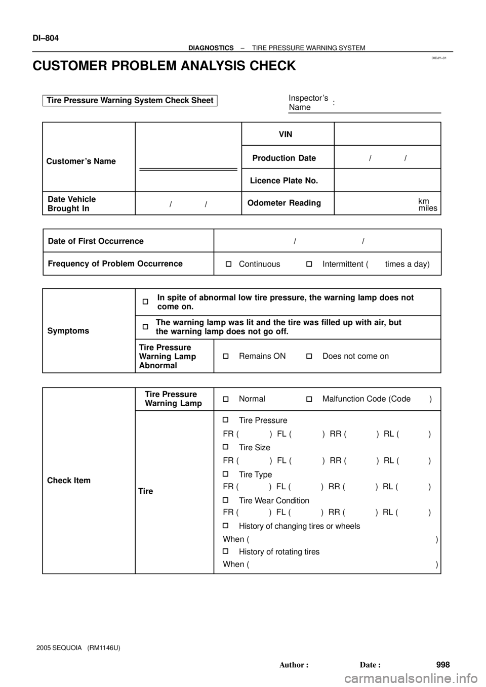 TOYOTA SEQUOIA 2001  Service Repair Manual DIDJY±01
Inspector s
Name:
Customer s Name
Date Vehicle
Brought InProduction DateVIN
Licence Plate No.
Odometer Reading/              /
/              /
Date of First Occurrence
Frequency of Proble