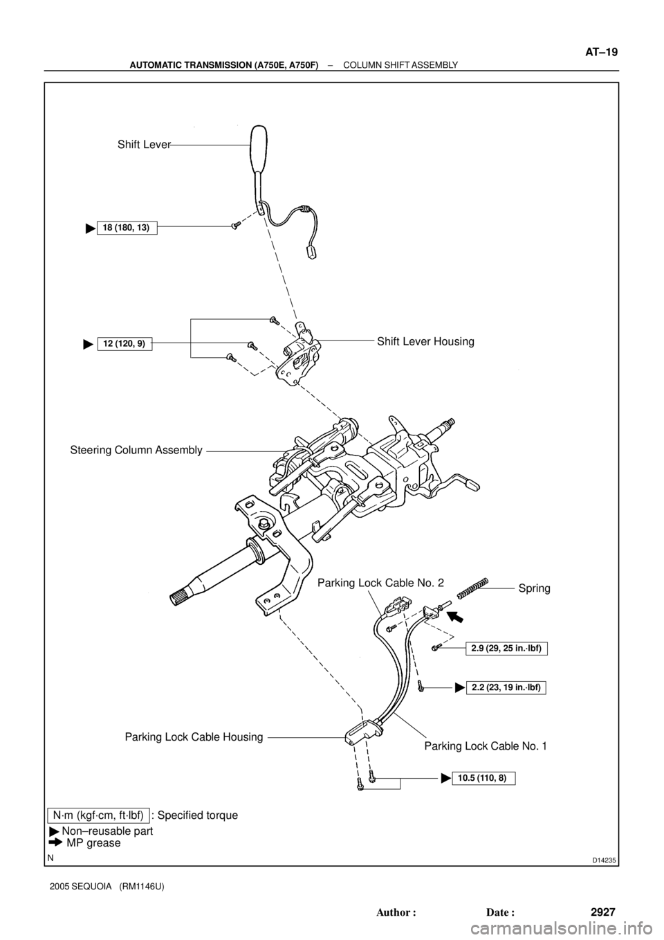 TOYOTA SEQUOIA 2001  Service Repair Manual D14235
: Specified torqueN´m (kgf´cm, ft´lbf)Shift Lever Housing
Spring Shift Lever
Steering Column Assembly
10.5 (110, 8)
2.2 (23, 19 in.´lbf)
2.9 (29, 25 in.´lbf)
12 (120, 9)
Parking Lock Cable