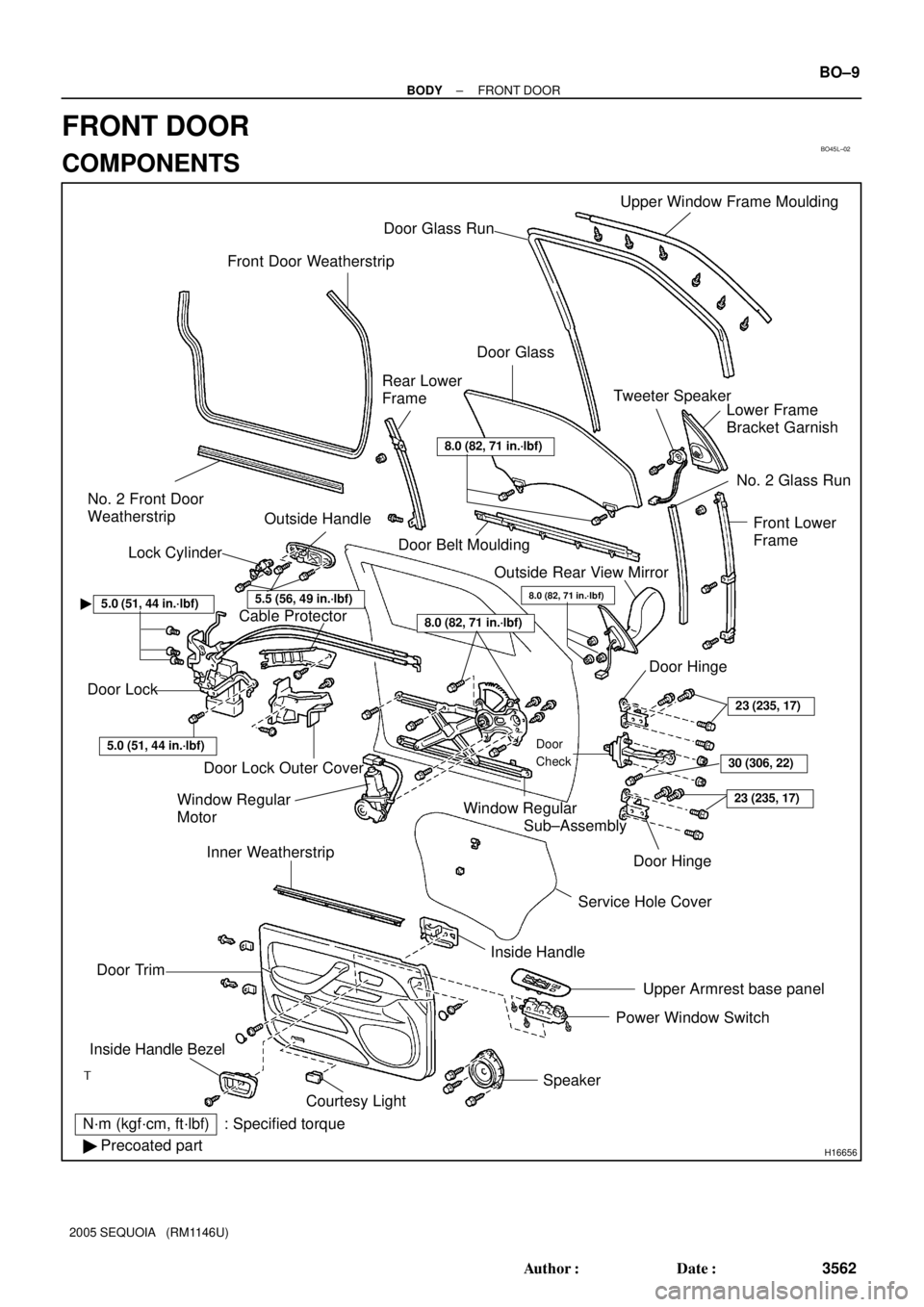 TOYOTA SEQUOIA 2001  Service Repair Manual BO45L±02
H16656
Upper Window Frame Moulding
Door Glass Run
Front Door Weatherstrip
Door Glass
Rear Lower
FrameTweeter Speaker
Lower Frame
Bracket Garnish
No. 2 Glass Run
Front Lower
Frame
Door Belt M