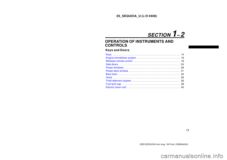 TOYOTA SEQUOIA 2001  Service Repair Manual 05_SEQUOIA_U (L/O 0408)
13
2005 SEQUOIA from Aug. 04 Prod. (OM34424U)
OPERATION OF INSTRUMENTS AND
CONTROLS
Keys and Doors
Keys14 . . . . . . . . . . . . . . . . . . . . . . . . . . . . . . . . . . .