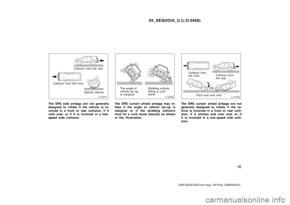 TOYOTA SEQUOIA 2001  Service Repair Manual 05_SEQUOIA_U (L/O 0408)
95
2005 SEQUOIA from Aug. 04 Prod. (OM34424U)
Collision from the rear
Collision from the front
Vehicle rollover
The SRS side airbags are not generally
designed to inflate if  