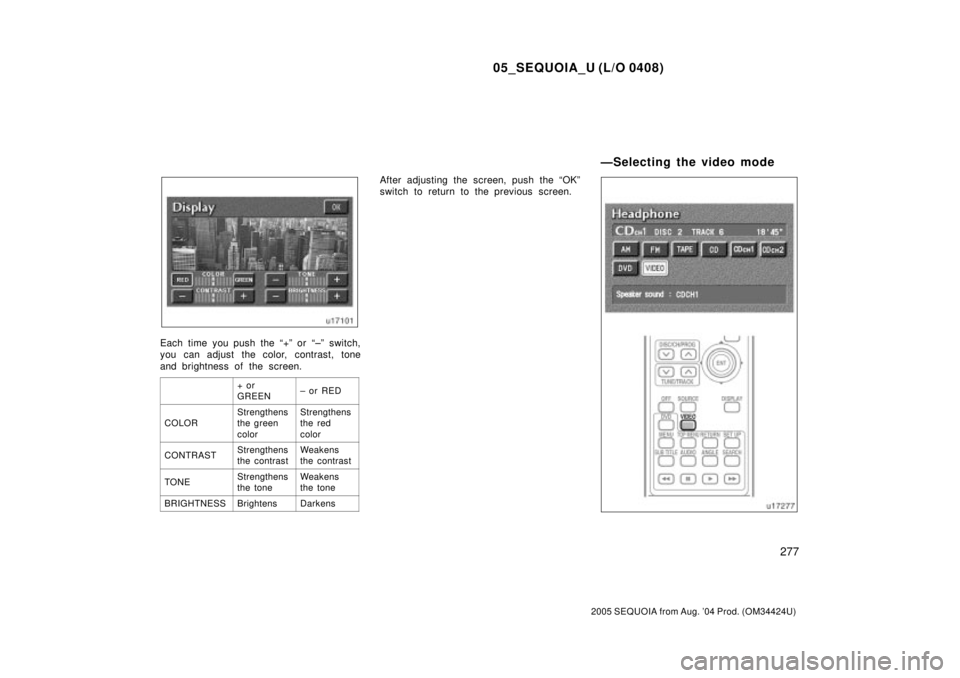 TOYOTA SEQUOIA 2001  Service Repair Manual 05_SEQUOIA_U (L/O 0408)
277
2005 SEQUOIA from Aug. 04 Prod. (OM34424U)
Each time you push the ª+º or ª±º switch,
you can adjust the color, contrast, tone
and brightness of the screen.
+ or
GREEN