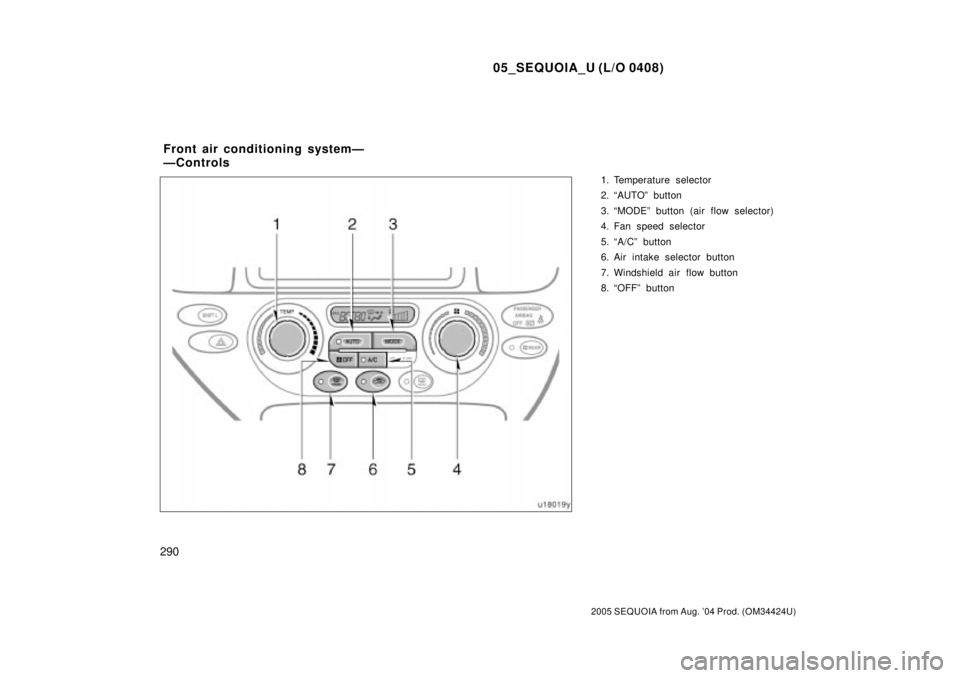 TOYOTA SEQUOIA 2001  Service Repair Manual 05_SEQUOIA_U (L/O 0408)
290
2005 SEQUOIA from Aug. 04 Prod. (OM34424U)
1. Temperature selector
2. ªAUTOº button
3. ªMODEº button (air flow selector)
4. Fan speed selector
5. ªA/Cº button
6. Air