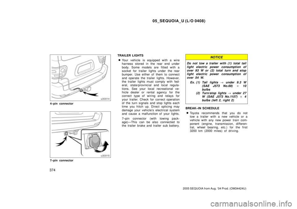 TOYOTA SEQUOIA 2001  Service Repair Manual 05_SEQUOIA_U (L/O 0408)
374
2005 SEQUOIA from Aug. 04 Prod. (OM34424U)
4±pin connector
7±pin connector
TRAILER LIGHTS
Your  vehicle is equipped with a wire
harness stored in the rear end under
bod