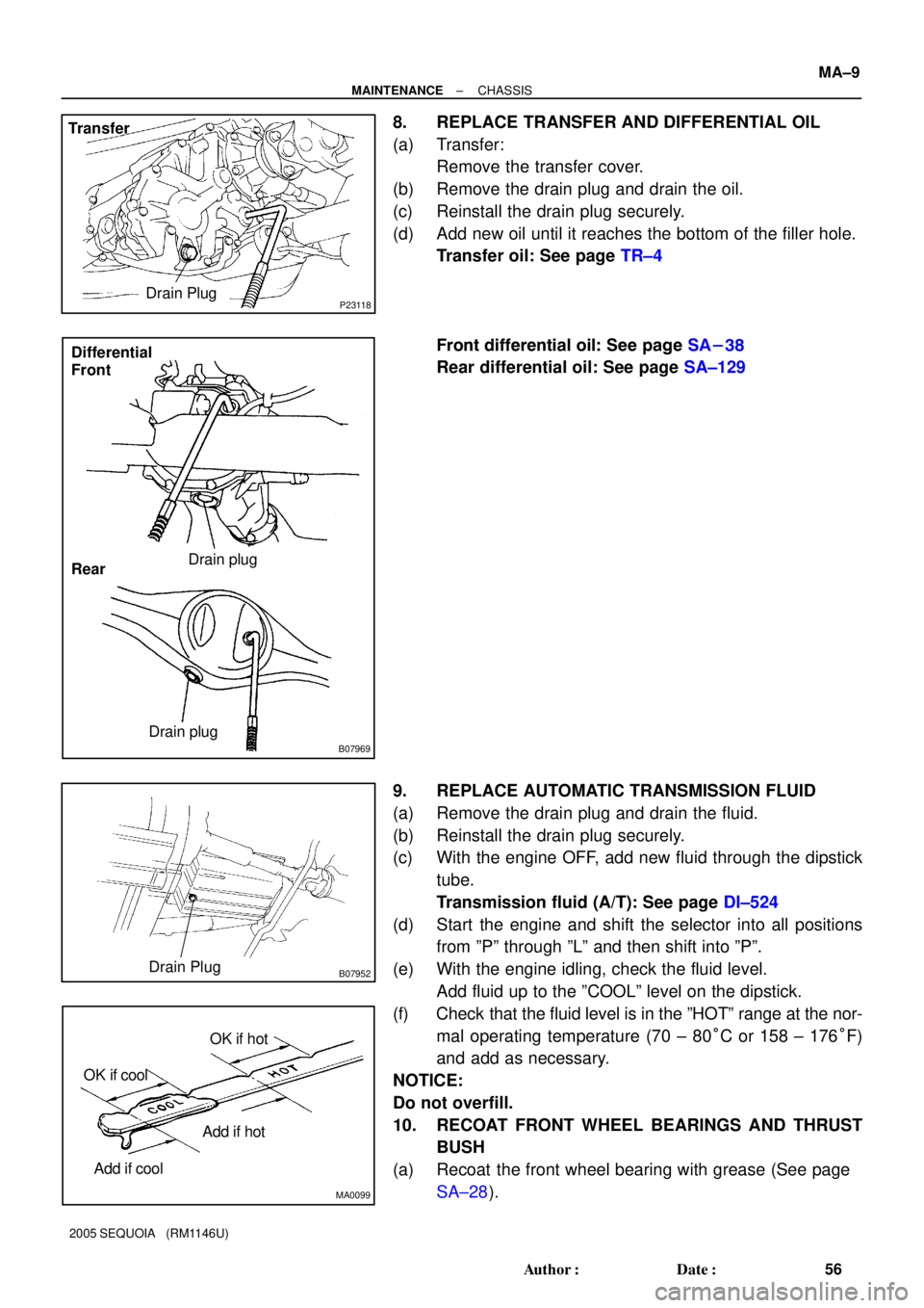 TOYOTA SEQUOIA 2001  Service Repair Manual P23118Drain Plug Transfer
B07969
Differential
Front
RearDrain plug
Drain plug
B07952Drain Plug
MA0099
OK if coolOK if hot
Add if coolAdd if hot
± MAINTENANCECHASSIS
MA±9
56 Author: Date:
2005 SEQU