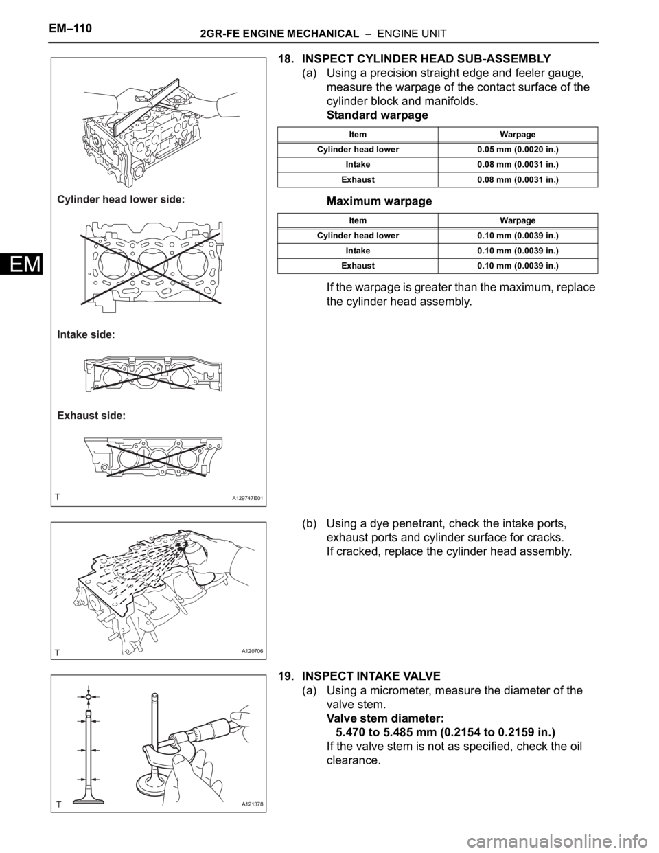TOYOTA SIENNA 2007 Service Repair Manual EM–1102GR-FE ENGINE MECHANICAL – ENGINE UNIT
EM
18. INSPECT CYLINDER HEAD SUB-ASSEMBLY
(a) Using a precision straight edge and feeler gauge,
measure the warpage of the contact surface of the
c TOYOTA SIENNA 2007 Service Repair Manual EM–1102GR-FE ENGINE MECHANICAL – ENGINE UNIT
EM
18. INSPECT CYLINDER HEAD SUB-ASSEMBLY
(a) Using a precision straight edge and feeler gauge,
measure the warpage of the contact surface of the
c