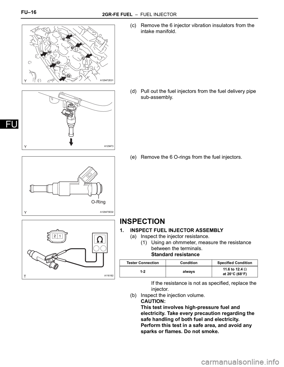 TOYOTA SIENNA 2007 Service Repair Manual FU–162GR-FE FUEL – FUEL INJECTOR
FU
(c) Remove the 6 injector vibration insulators from the
intake manifold.
(d) Pull out the fuel injectors from the fuel delivery pipe
sub-assembly.
(e) Remov TOYOTA SIENNA 2007 Service Repair Manual FU–162GR-FE FUEL – FUEL INJECTOR
FU
(c) Remove the 6 injector vibration insulators from the
intake manifold.
(d) Pull out the fuel injectors from the fuel delivery pipe
sub-assembly.
(e) Remov