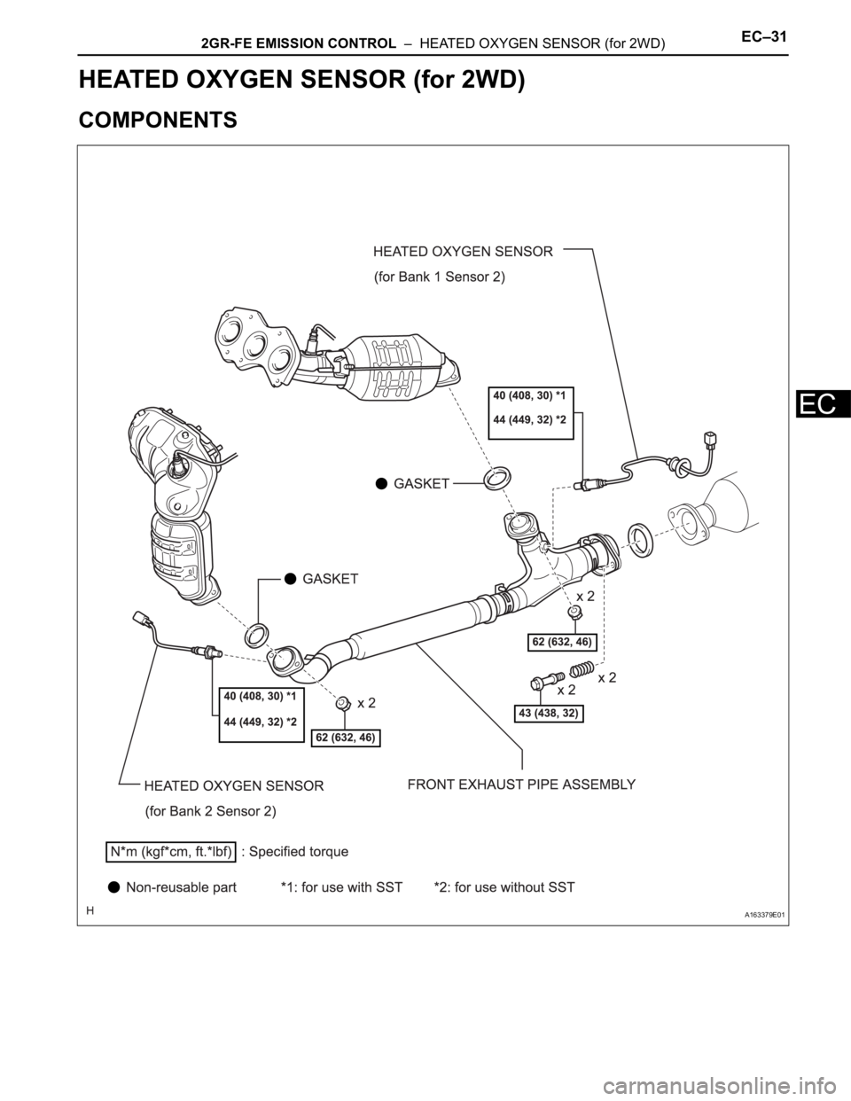 TOYOTA SIENNA 2007  Service Repair Manual 2GR-FE EMISSION CONTROL  –  HEATED OXYGEN SENSOR (for 2WD)EC–31
EC
ENGINE
2GR-FE EMISSION CONTROL
HEATED OXYGEN SENSOR (for 2WD)
COMPONENTS
A163379E01 