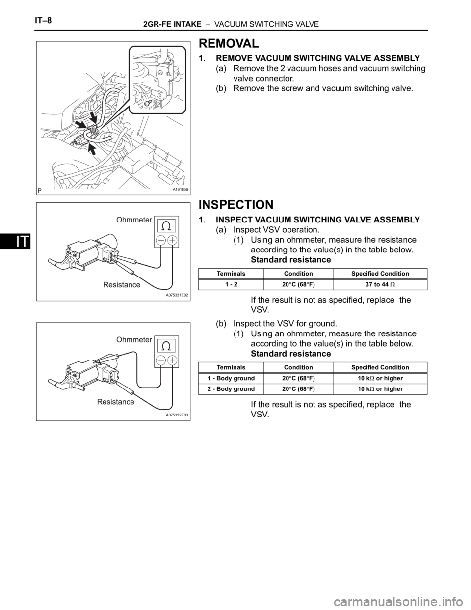 TOYOTA SIENNA 2007  Service Repair Manual IT–82GR-FE INTAKE  –  VACUUM SWITCHING VALVE
IT
REMOVAL
1. REMOVE VACUUM SWITCHING VALVE ASSEMBLY
(a) Remove the 2 vacuum hoses and vacuum switching 
valve connector.
(b) Remove the screw and vacu